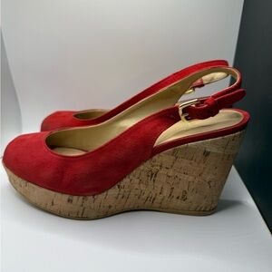 Stuart Weitzman Red Suede Wedges with Cork Heel,  Size 7M